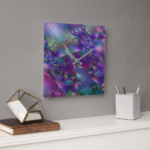 Purple and Blue Bubble Fractal Square Wall Clock
