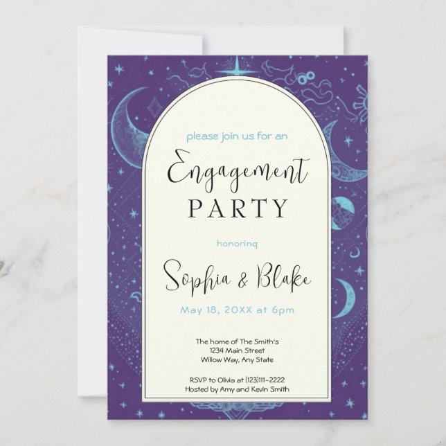 Purple and Blue Celestial Moon Engagement Party Invitation (Front)