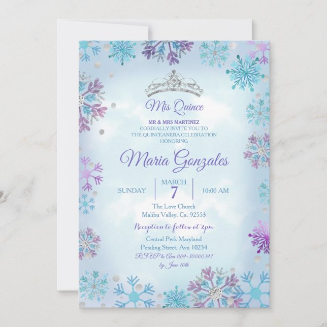 Purple and Blue Christmas Quinceanera Invitation (Front)