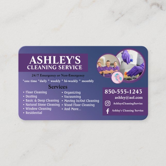 Purple and blue Cleaning Service Business Card  (Front)