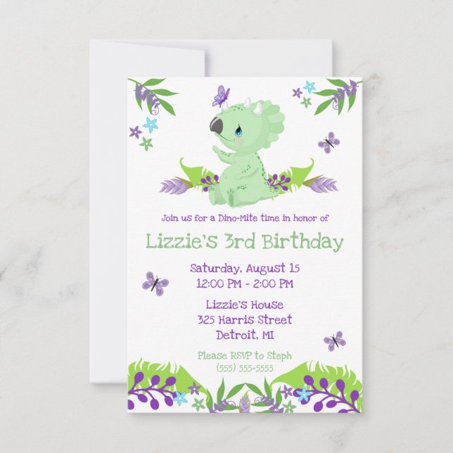 Purple and Blue Dino-Mite Time Birthday Party Invitation (Front)