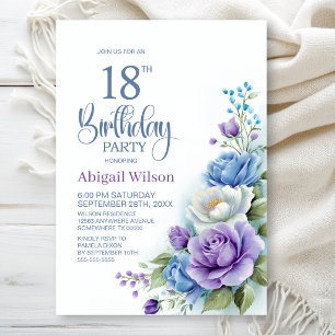 Purple and Blue Floral 18th Birthday Party Invitation