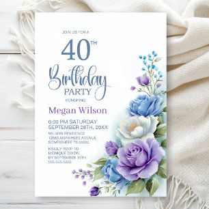 Purple and Blue Floral 40th Birthday Party Invitation
