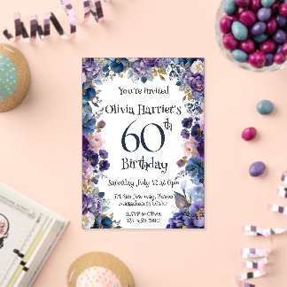 Purple and blue floral 60th birthday invitation