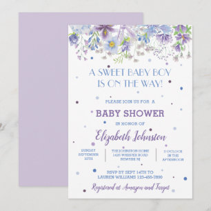 Purple and Blue Floral Baby Boy Shower Invitation