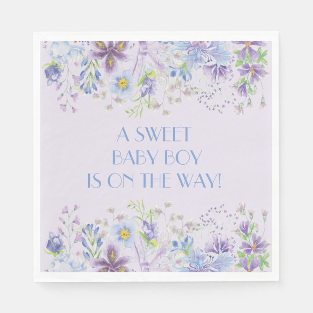 Purple and Blue Floral Boy Shower Paper Napkin (Front)