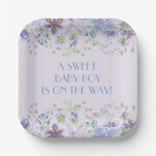 Purple and Blue Floral Boy Shower Paper Plate