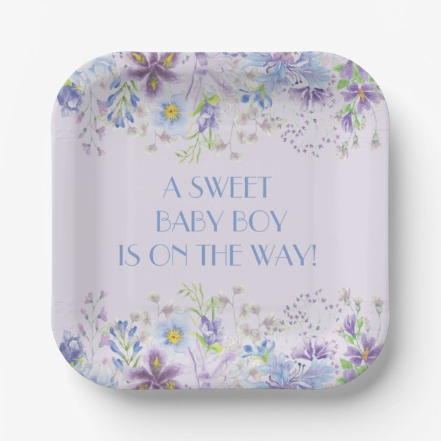 Purple and Blue Floral Boy Shower  Paper Plate (Front)