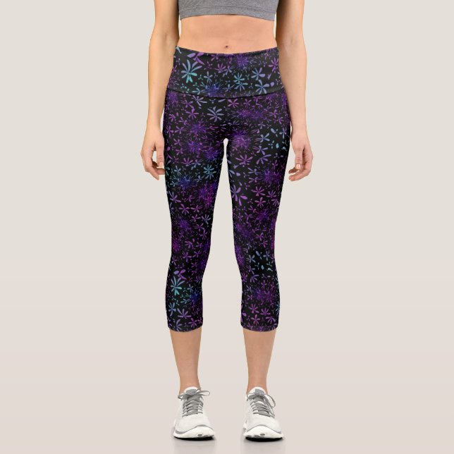 Purple and Blue Floral Capri Leggings (Front)