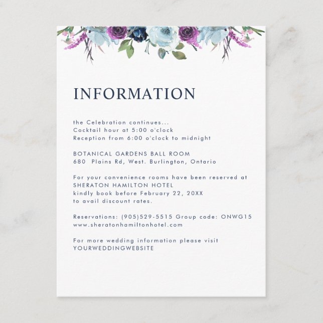 Purple and Blue Floral Guest Information /Or Other Enclosure Card (Front)
