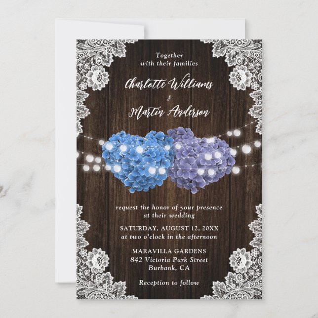 Purple and Blue Floral Hearts Wood Lace Wedding Invitation (Front)