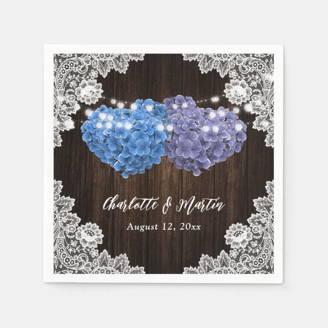 Purple and Blue Floral Hearts Wood Lace Wedding Napkin (Front)