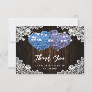 Purple and Blue Floral Hearts Wood Lace Wedding Thank You Card