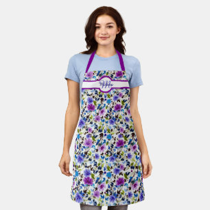 Purple and blue floral personalised apron