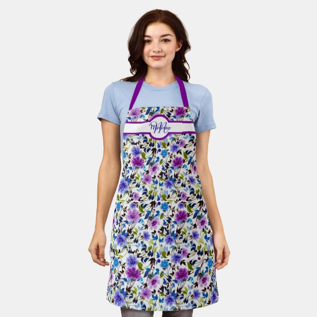 Purple and blue floral personalised apron (Worn)