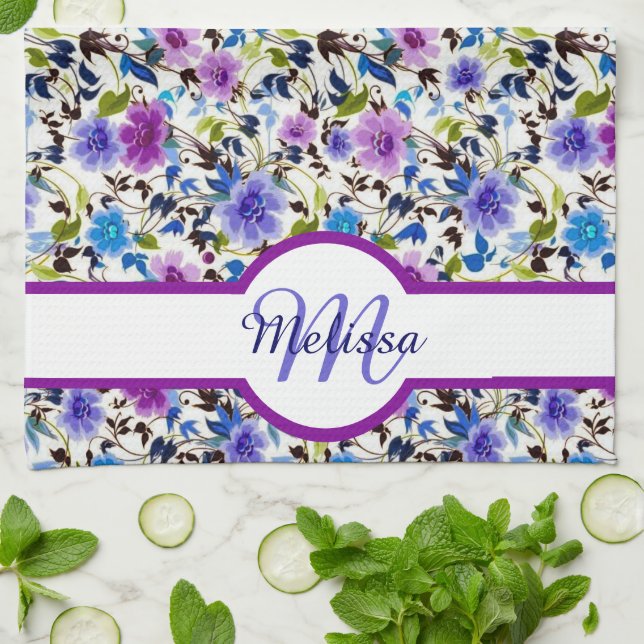 Purple and blue floral personalised tea towel (Folded)