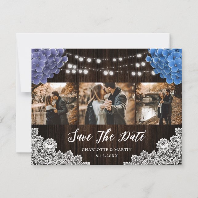 Purple and Blue Floral Photo Collage Wedding Save The Date (Front)