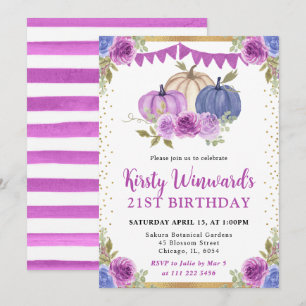 Purple and Blue Floral Pumpkins Fall 21st Birthday Invitation