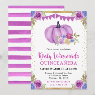 Purple and Blue Floral Pumpkins Fall Quinceanera Invitation