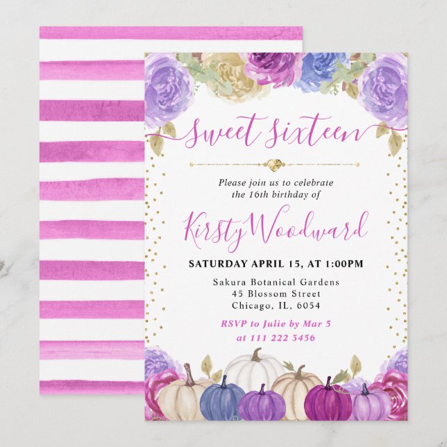 Purple and Blue Floral Pumpkins Fall Sweet 16 Invitation (Front/Back)