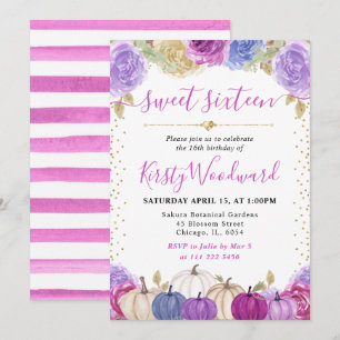 Purple and Blue Floral Pumpkins Fall Sweet 16 Invitation