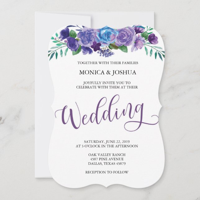 Purple and Blue Floral Wedding Invitation (Front)