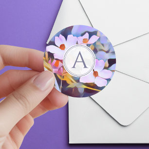 Purple and Blue Floral with Initial Classic Round Sticker