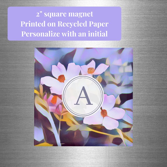 Purple and Blue Floral with Initial Magnet (Purple and blue floral initial square magnet)
