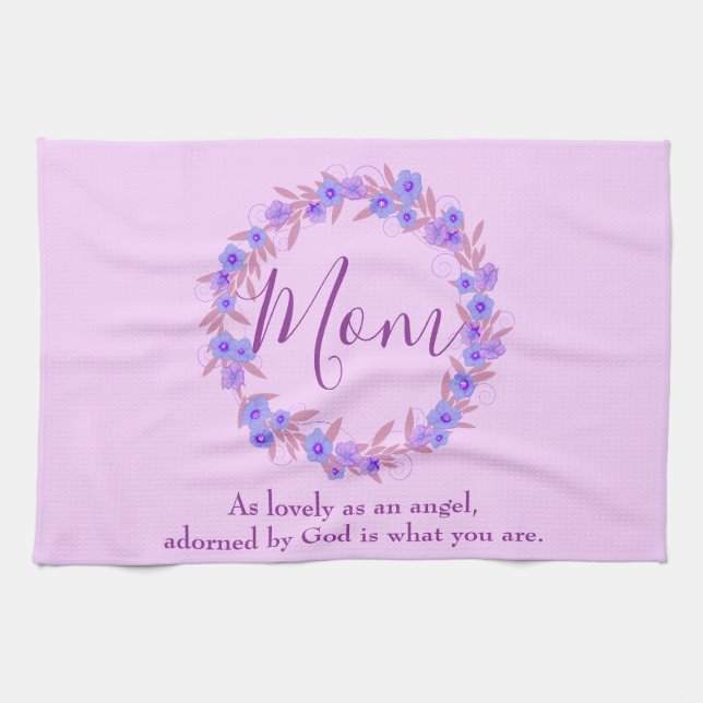 Purple and blue floral wreath for mum tea towel (Horizontal)