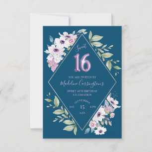 Purple and Blue Flower Diamond Sweet 16 Birthday Invitation
