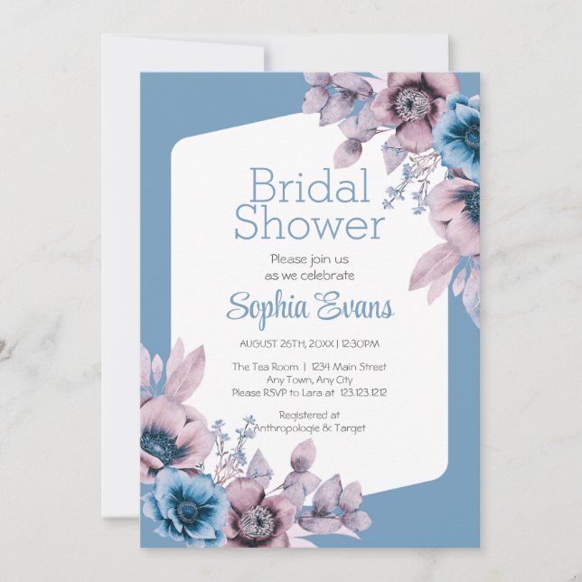 Purple and Blue Flowers Blue Bridal Shower Invitation (Front)