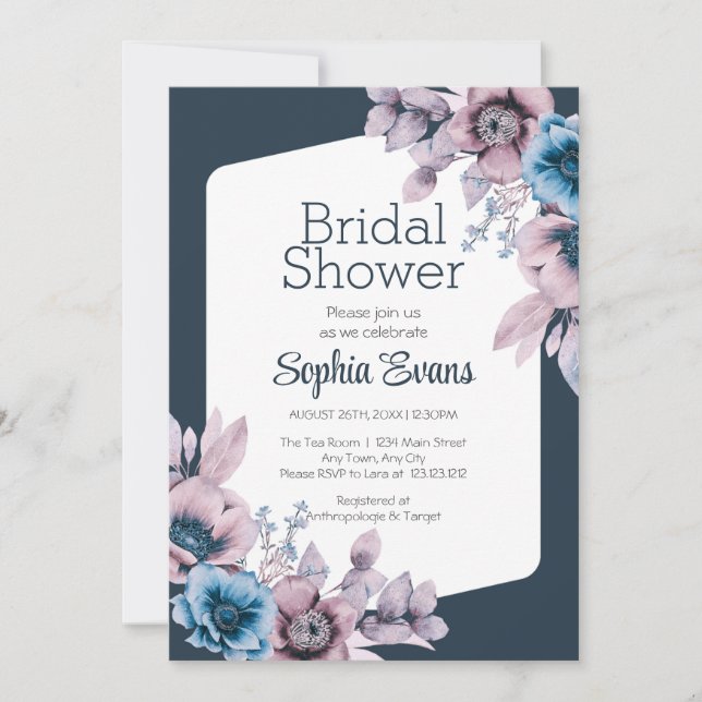 Purple and Blue Flowers Blue Bridal Shower Invitation (Front)