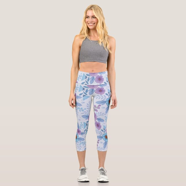 Purple and Blue Flowers   Capri Leggings (Front)