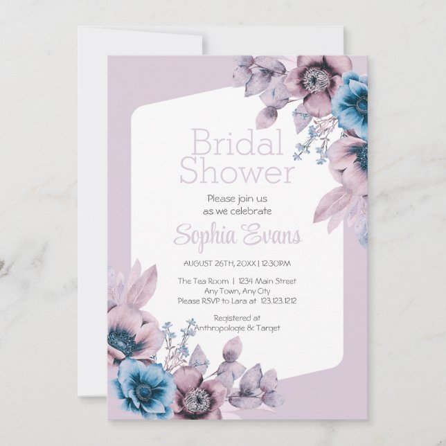 Purple and Blue Flowers Purple Bridal Shower Invitation (Front)