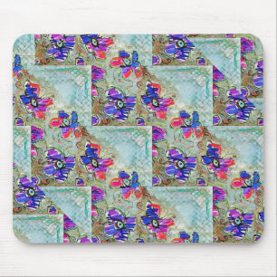 Purple and Blue Flowers Squares Zigzags Mouse Mat