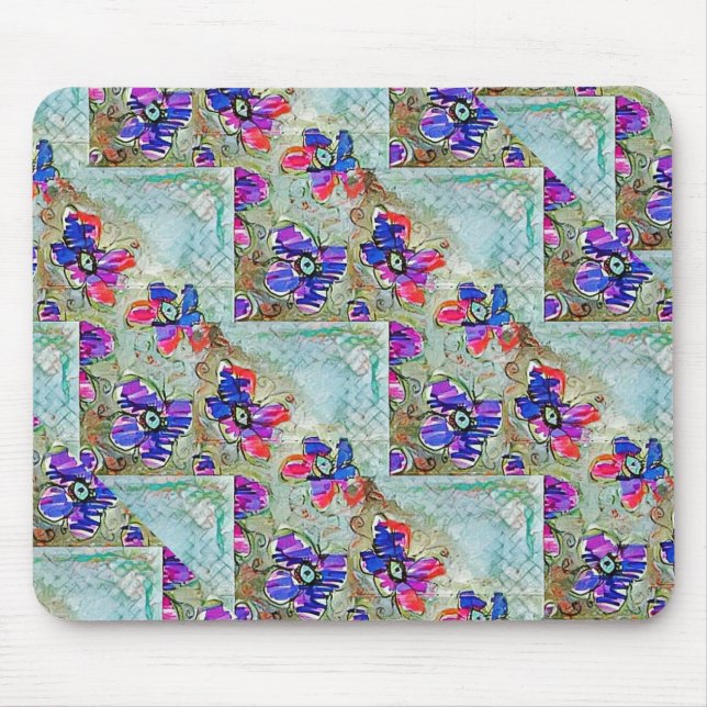 Purple and Blue Flowers Squares Zigzags Mouse Mat (Front)