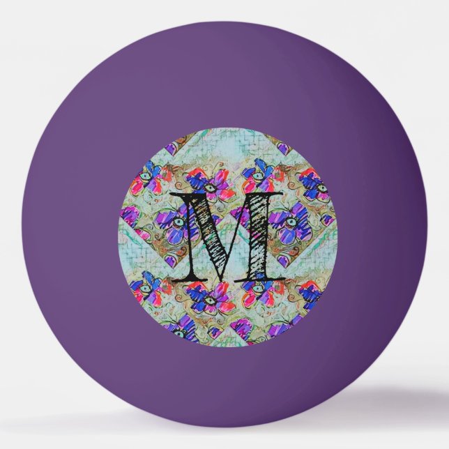 Purple and Blue Flowers Squares Zigzags Ping Pong Ball (Front)