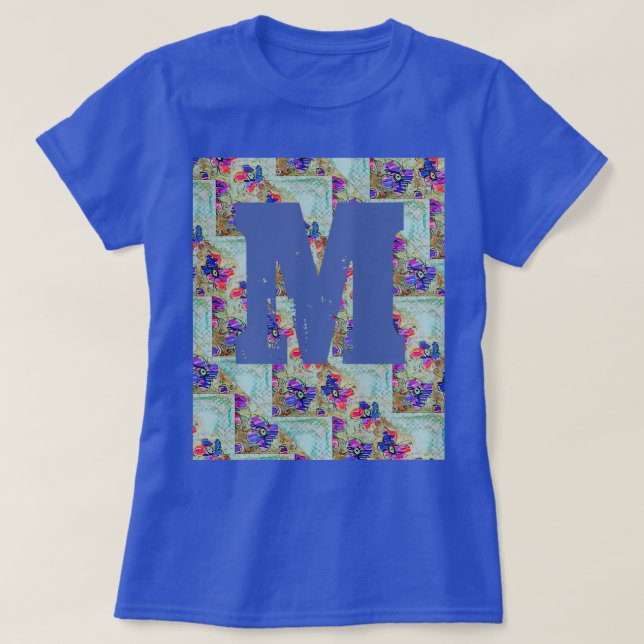 Purple and Blue Flowers Squares Zigzags T-Shirt (Design Front)