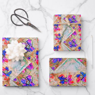 Purple and Blue Flowers Squares Zigzags Wrapping Paper Sheet