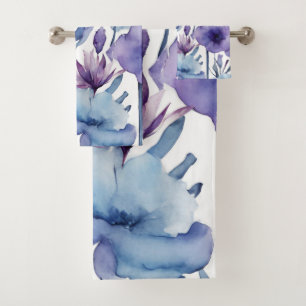 Purple And Blue Flowers Watercolor Floral Bath Towel Set