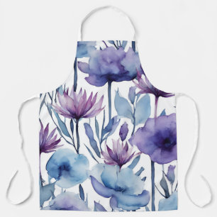Purple And Blue Flowers Watercolor Floral Design Apron