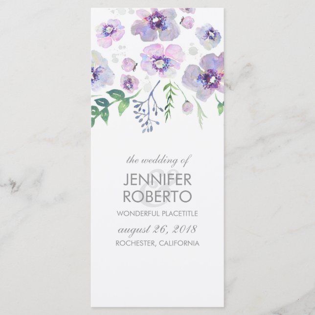 Purple and Blue Flowers Watercolor Wedding Program Programme (Front)