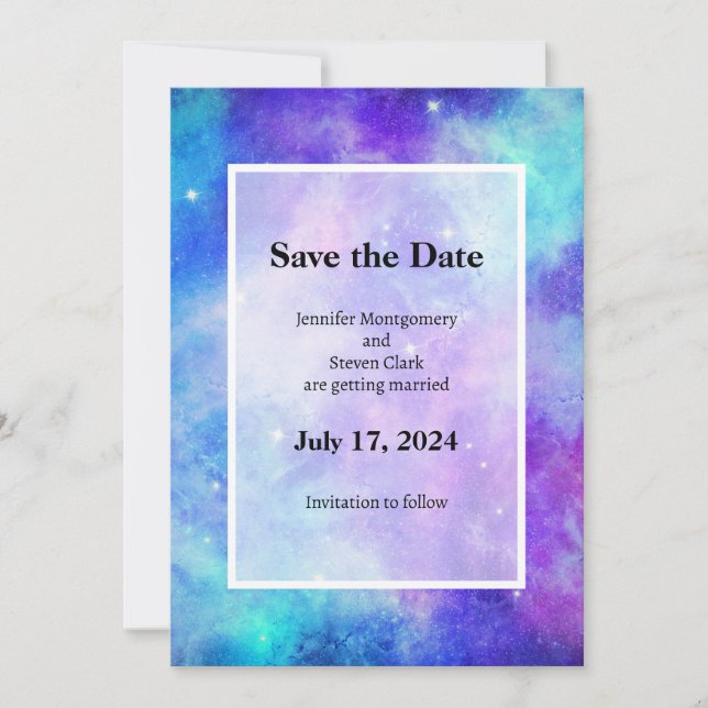 Purple and Blue Galaxy Space Abstract Wedding Save The Date (Front)
