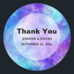Purple and Blue Galaxy Space Wedding Thank You Classic Round Sticker<br><div class="desc">Thank you stickers with a cosmic abstract background. Swirling vibrant colours of light blue,  pink and purple. White stars scattered around.</div>