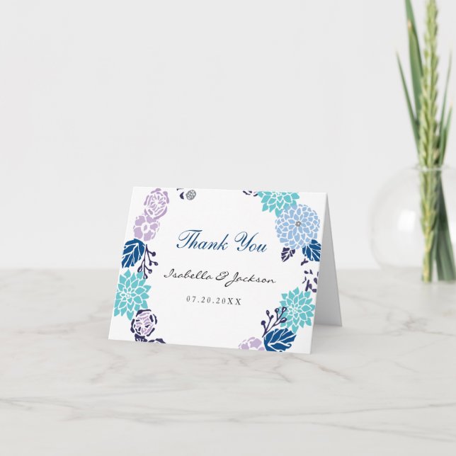 Purple and Blue Garden Wreath Wedding Thank You Card (Front)