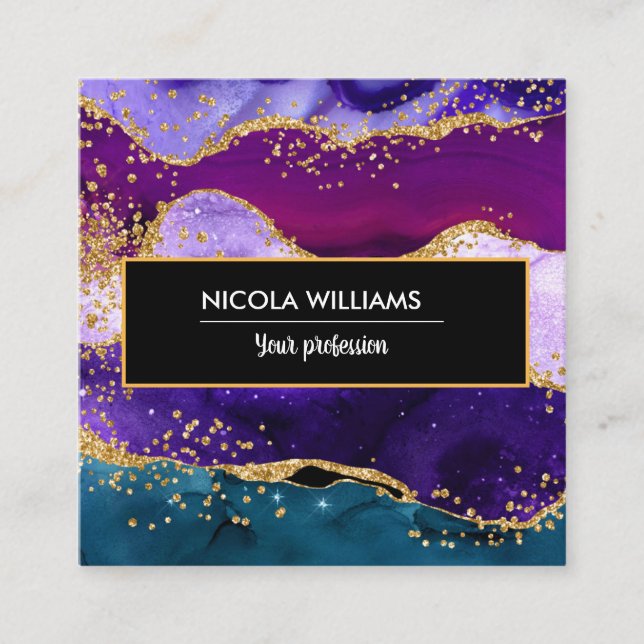 Purple and Blue Glitter Peacock Agate Square Business Card (Front)