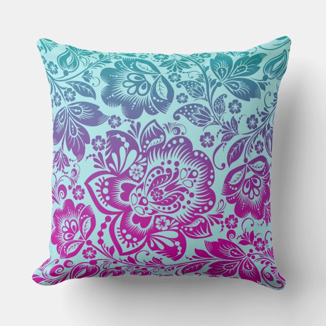 Purple And Blue-Green Floral Damasks Cushion (Front)