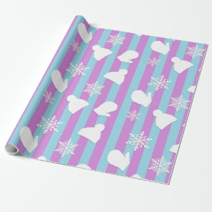 Purple and Blue Holiday Mittens and Christmas Hats Wrapping Paper
