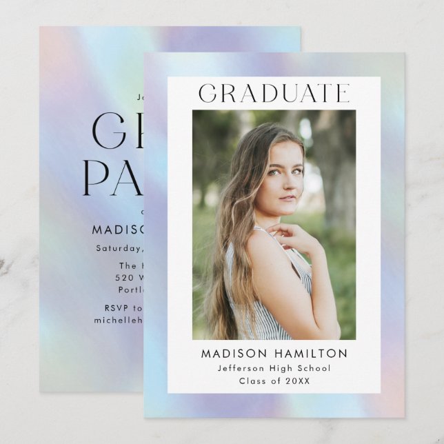 Purple and Blue Holographic Photo Graduation Party Invitation (Front/Back)