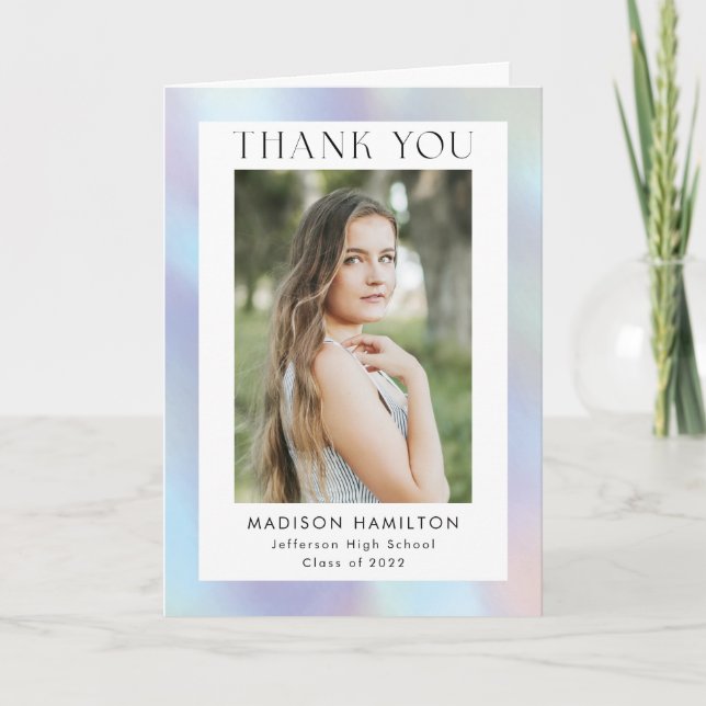 Purple and Blue Holographic Photo Graduation Thank You Card (Front)